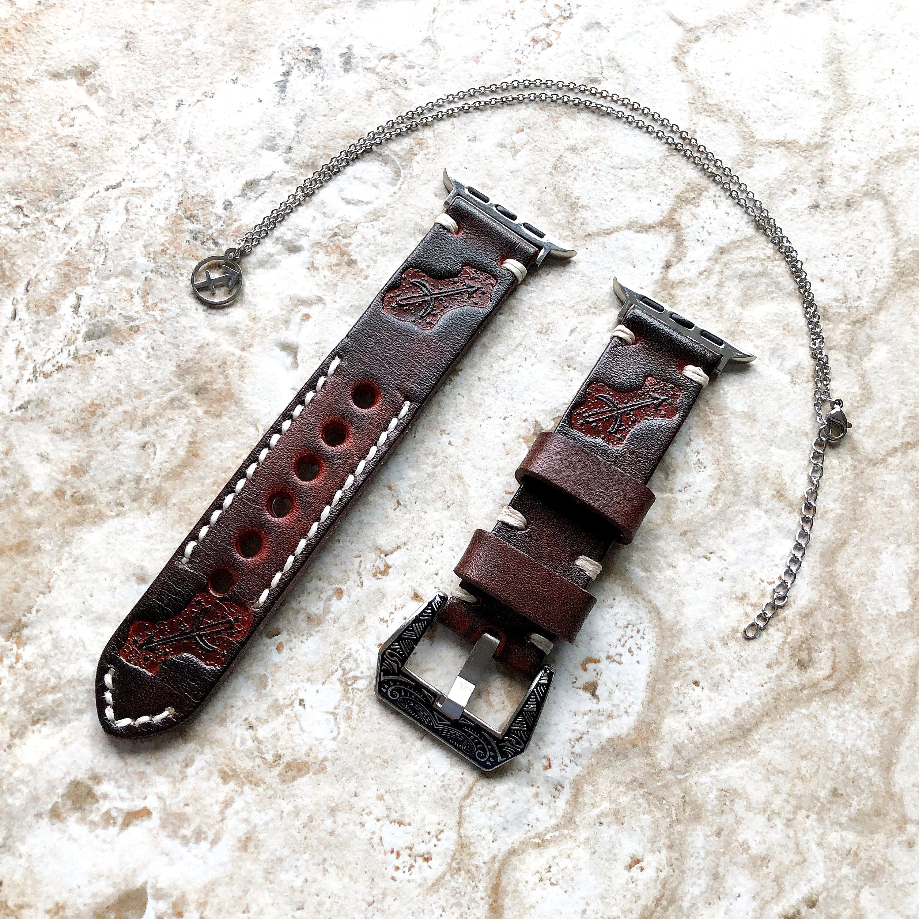 Apple Watch Sagittarius Zodiac Band Set for iWatch Ultra 2 49mm and 9 8 Series 41mm 45mm Case Brown Leather Embossed Bracelet Strap Necklace